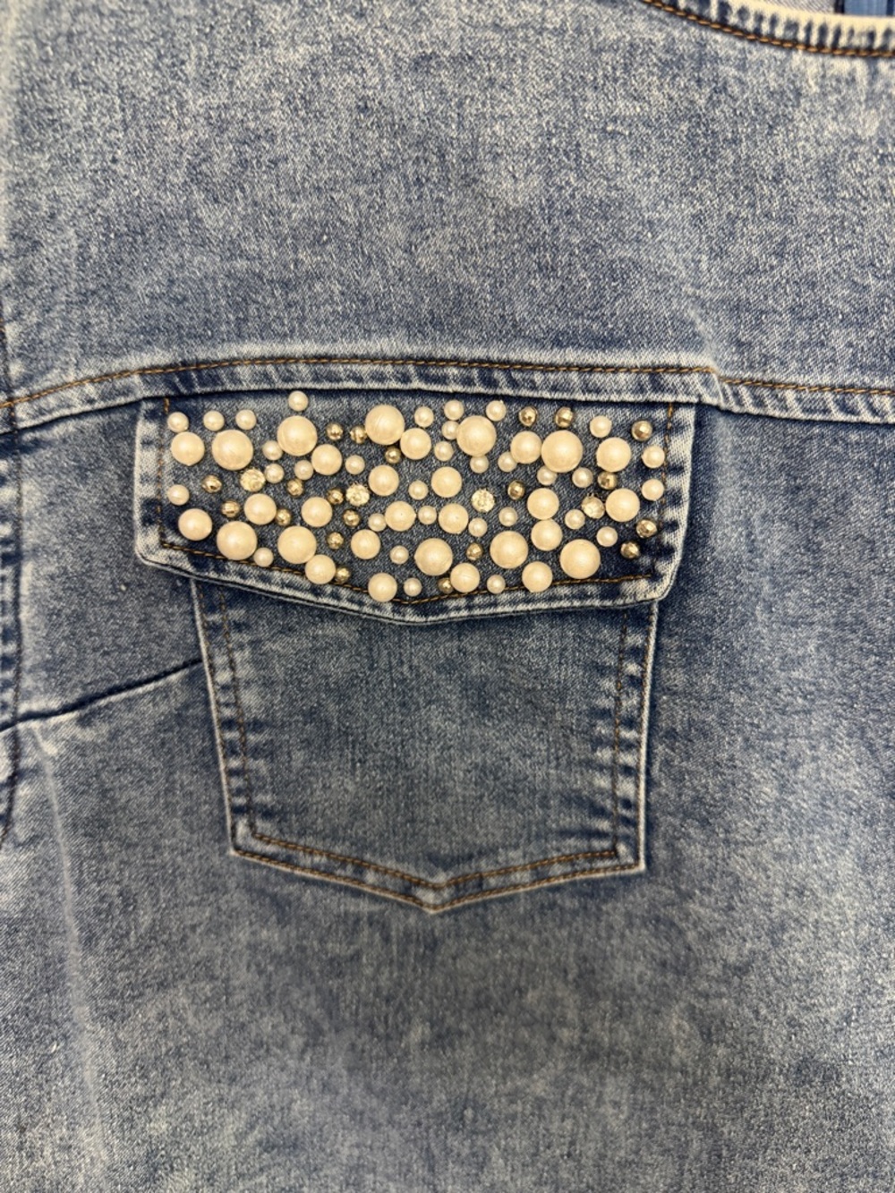 Pastels Blue Pearl-Embellished Denim Shift Dress - Picture 2 of 4